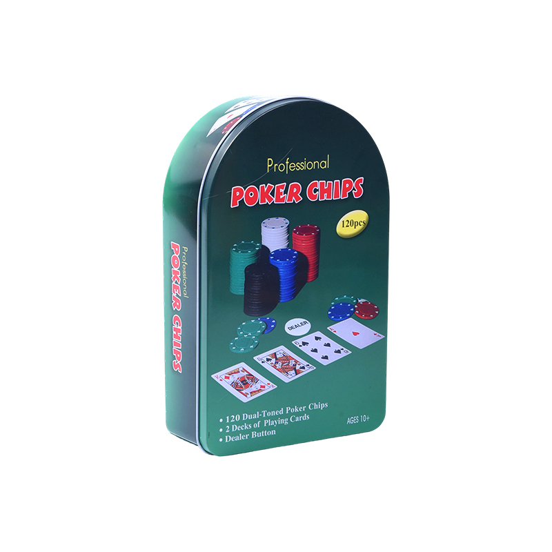 Green Arched Metal Tin 120 Chips với thẻ và nút đại lý Bộ chip Poker chuyên nghiệp