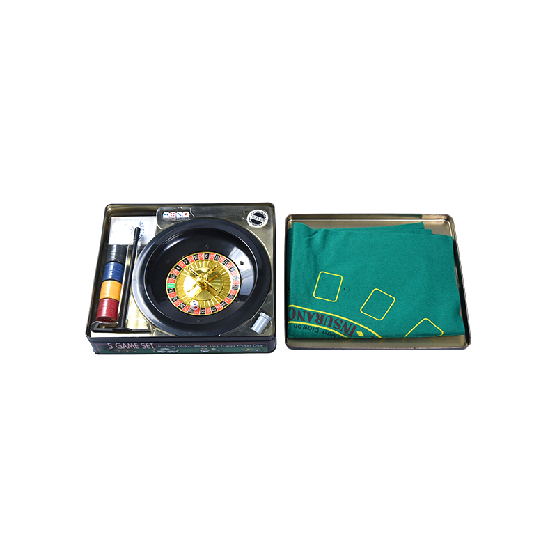 Bộ trò chơi sòng bạc 5 trong 1 – Roulette, Poker, Black Jack, Craps, Poker Dice trong Metal Tin