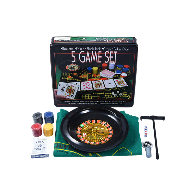 Bộ trò chơi sòng bạc 5 trong 1 – Roulette, Poker, Black Jack, Craps, Poker Dice trong Metal Tin