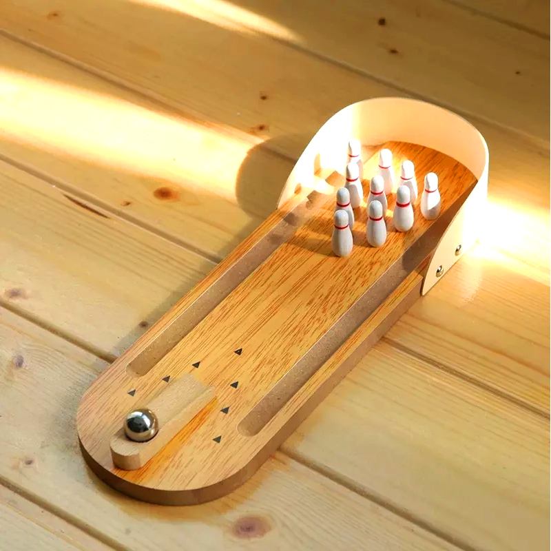 Bộ gỗ nhỏ gọn với bi thép và ghim trò chơi bowling mini để bàn