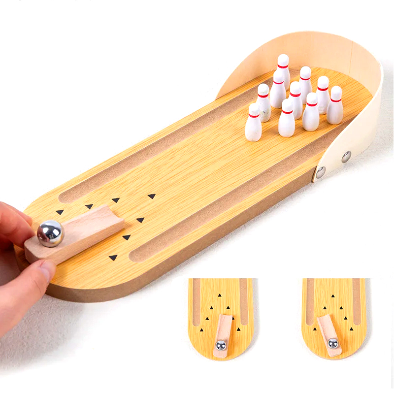 Bộ gỗ nhỏ gọn với bi thép và ghim trò chơi bowling mini để bàn