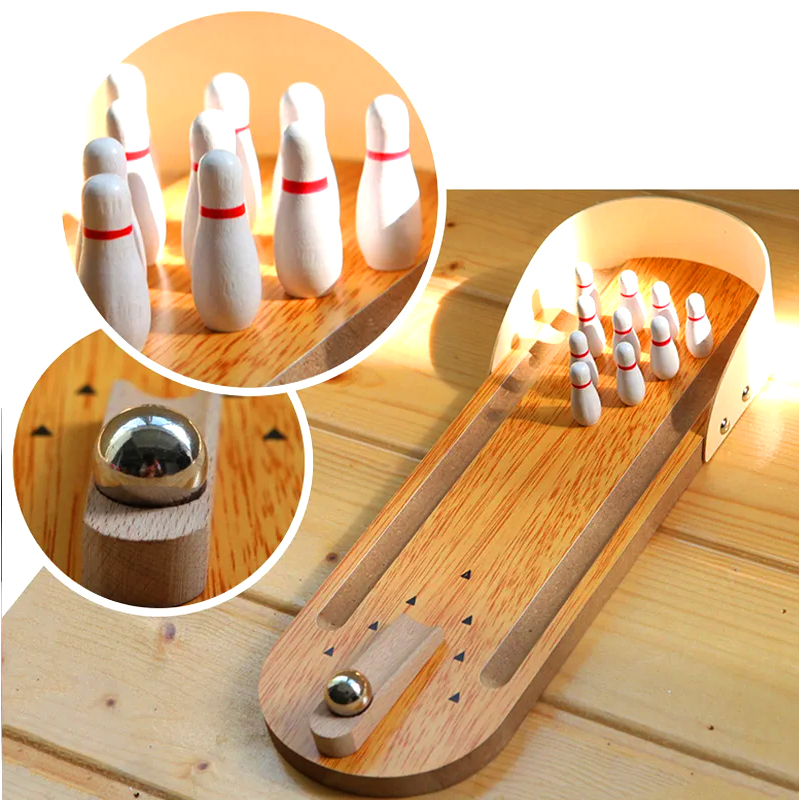 Bộ gỗ nhỏ gọn với bi thép và ghim trò chơi bowling mini để bàn